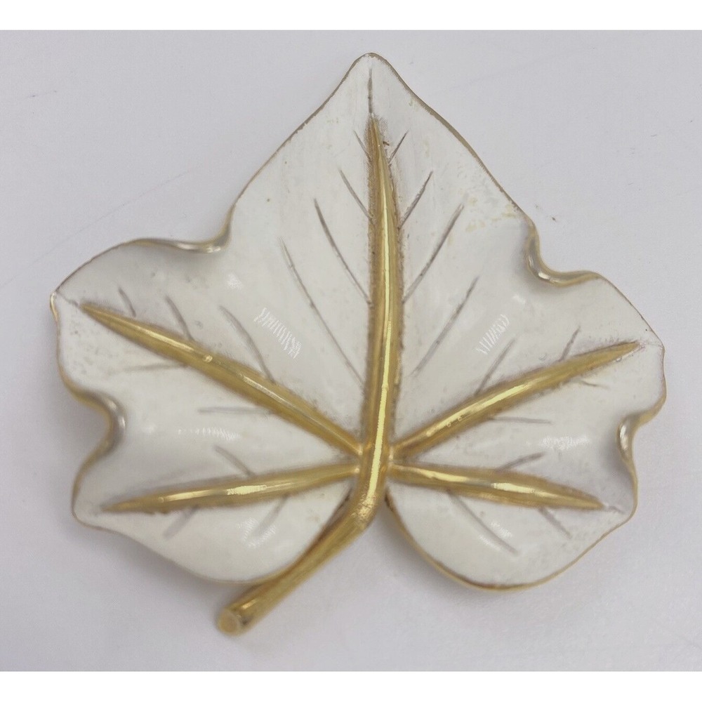 Vintage Crown Trifari Leaf Pin Gold Tone White Enamel Maple Brooch 2"